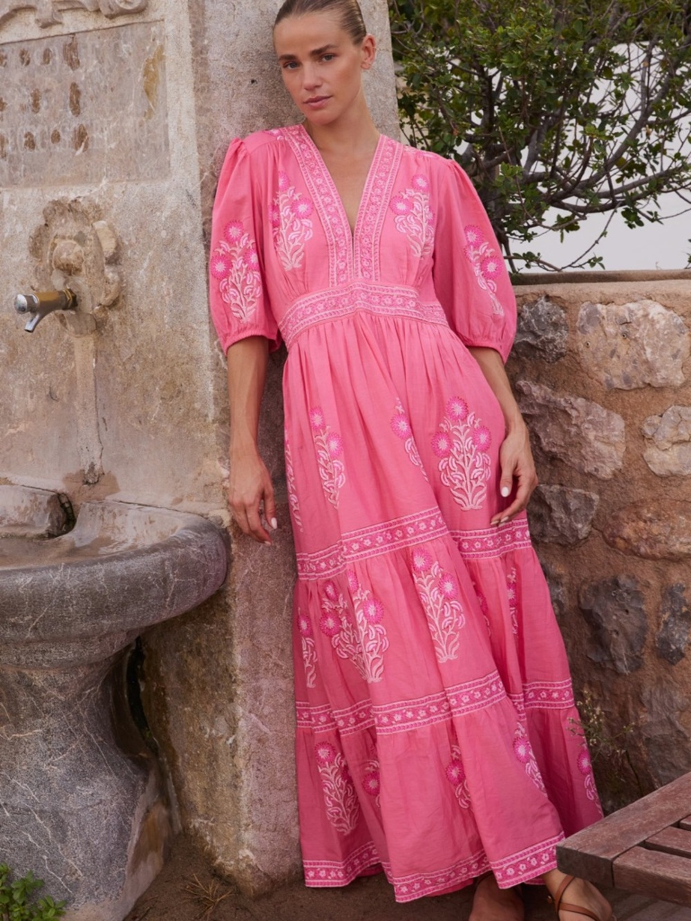Oliphant Raton Pink V-Neck Puffed Sleeve Maxi Dress